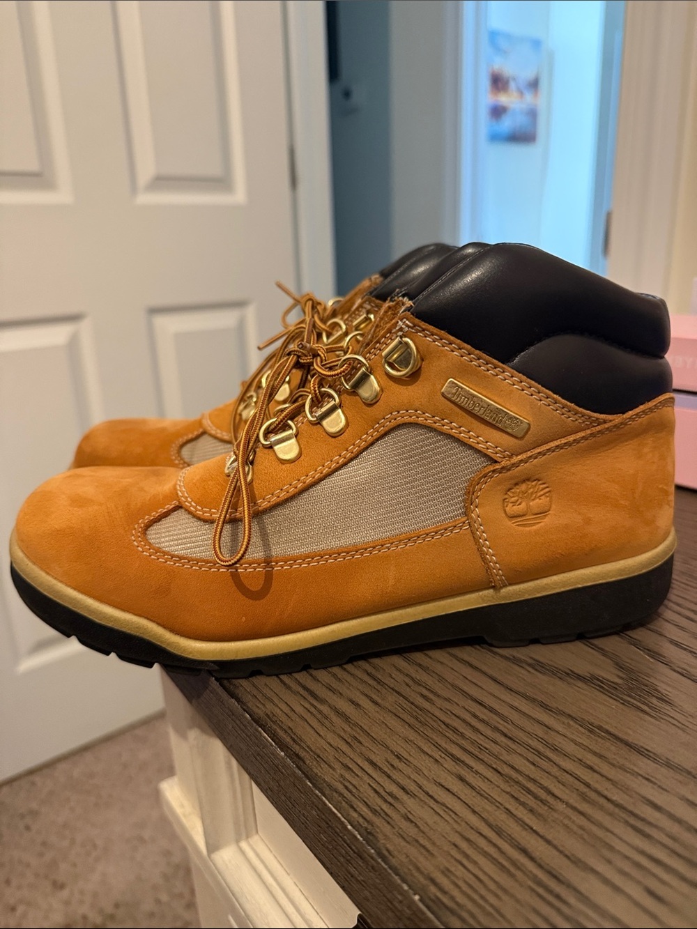 Timberland Kids Orange Suede Hiking Boots with Black Collar 7 Boys
